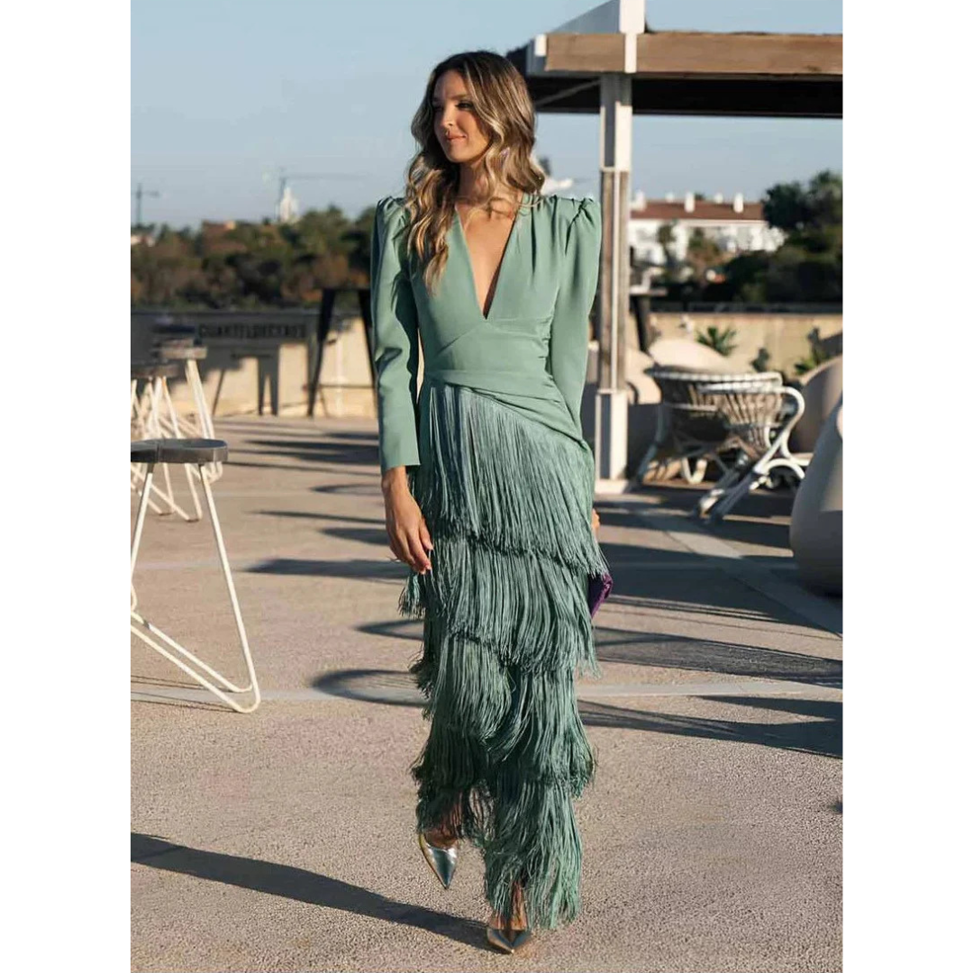 Aelenah | Elegante Galajurk met Franjes en V-Hals