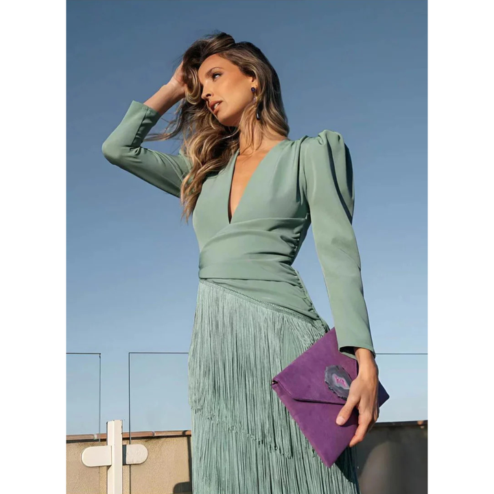 Aelenah | Elegante Galajurk met Franjes en V-Hals