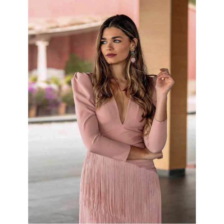 Aelenah | Elegante Galajurk met Franjes en V-Hals