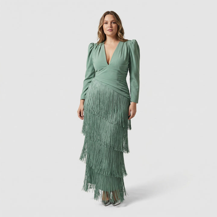 Aelenah | Elegante Galajurk met Franjes en V-Hals